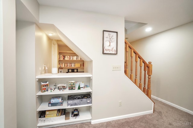 5509 Windmere Dr, Green Twp, OH 45248 - bar area with carpet, stairway, baseboards, and recessed lighting