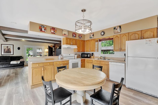 1366 Devils Backbone Rd, Green Twp, OH 45233 - kitchen with white appliances, under cabinet range hood, a sink, decorative backsplash, and light countertops