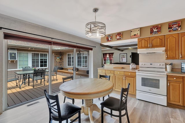 1366 Devils Backbone Rd, Green Twp, OH 45233 - kitchen with white range with electric stovetop, under cabinet range hood, backsplash, light wood finished floors, and light countertops