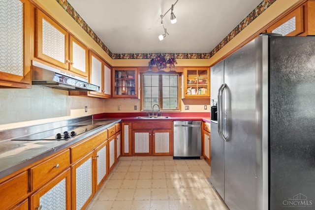 200 Santa Fe Rd, Middletown, OH 45042 - kitchen with stainless steel appliances, light flooring, under cabinet range hood, and glass insert cabinets