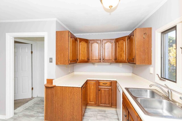6785 Marvin Ave, North College Hill, OH 45224 - kitchen featuring brown cabinetry, a sink, dishwasher, light countertops, and crown molding
