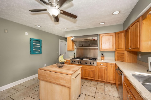 6290 Ludlum Rd, Salem Twp, OH 45152 - kitchen with range hood, appliances with stainless steel finishes, a textured ceiling, butcher block counters, and ceiling fan