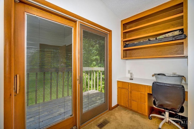 4723 Rosedale Rd, Middletown, OH 45042 - home office featuring light colored carpet, built in study area, and a textured ceiling