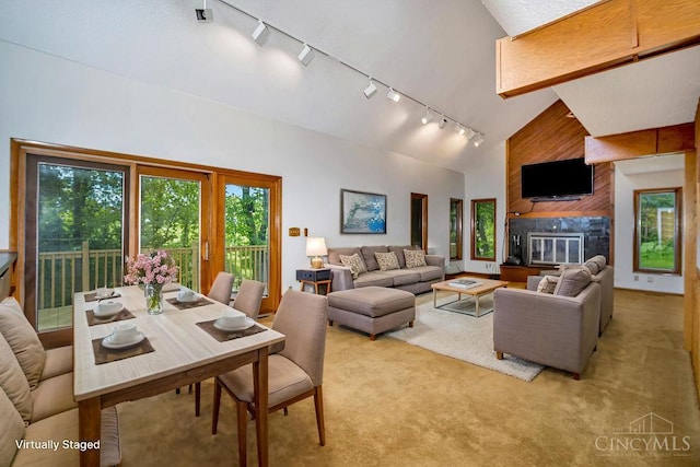 4723 Rosedale Rd, Middletown, OH 45042 - living area featuring track lighting, plenty of natural light, light carpet, and high vaulted ceiling