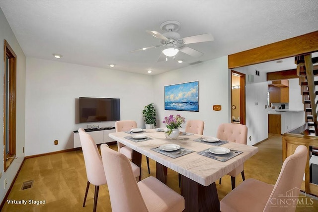 4723 Rosedale Rd, Middletown, OH 45042 - dining area with light colored carpet, ceiling fan, baseboards, and recessed lighting