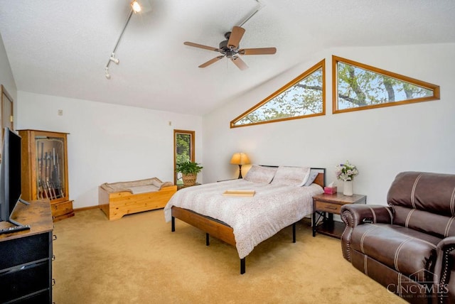 4723 Rosedale Rd, Middletown, OH 45042 - carpeted bedroom featuring lofted ceiling, ceiling fan, baseboards, and track lighting