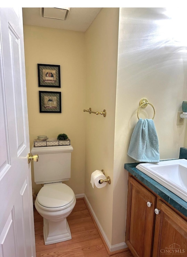 10773 New Biddinger Rd, Harrison Twp, OH 45030 - bathroom with vanity, wood finished floors, toilet, and baseboards