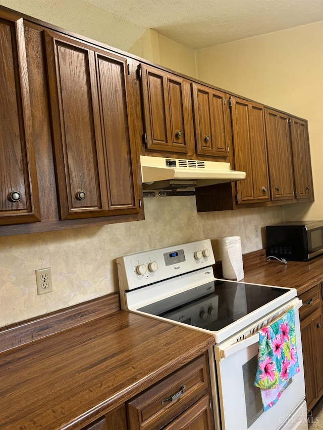 380 Walnut Ln, Mason, OH 45040 - kitchen featuring electric range, under cabinet range hood, black microwave, backsplash, and butcher block countertops