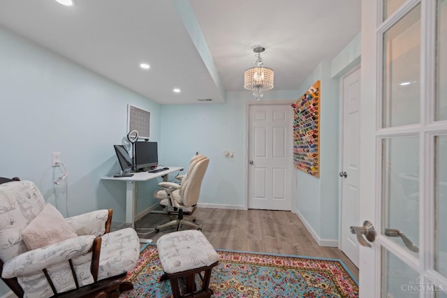 2489 Swings Corner Pt Isabel Rd, Tate Twp, OH 45106 - office featuring wood finished floors, recessed lighting, baseboards, and a chandelier