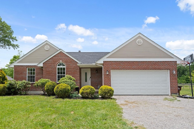 2489 Swings Corner Pt Isabel Rd, Tate Twp, OH 45106 - view of front of home with gravel driveway, brick siding, a front yard, an attached garage, and roof with shingles