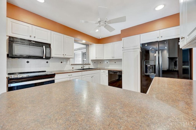 8714 Wuest Rd, Colerain Twp, OH 45251 - kitchen with black appliances, a sink, ceiling fan, white cabinetry, and backsplash