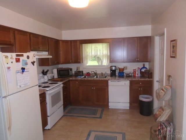 18 Blackwell Ct, Fairfield, OH 45014 - kitchen featuring white appliances, a sink, under cabinet range hood, and brown cabinetry