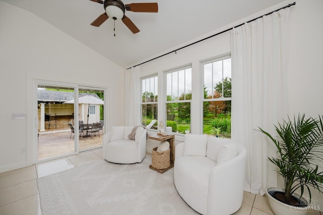 1171 Craig Ct, Hamilton Twp, OH 45039 - living area with plenty of natural light, a ceiling fan, tile patterned flooring, high vaulted ceiling, and baseboards