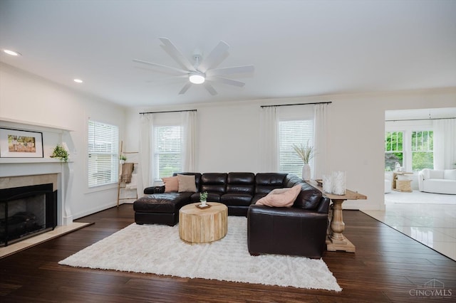 1171 Craig Ct, Hamilton Twp, OH 45039 - living area featuring plenty of natural light, crown molding, ceiling fan, a premium fireplace, and recessed lighting