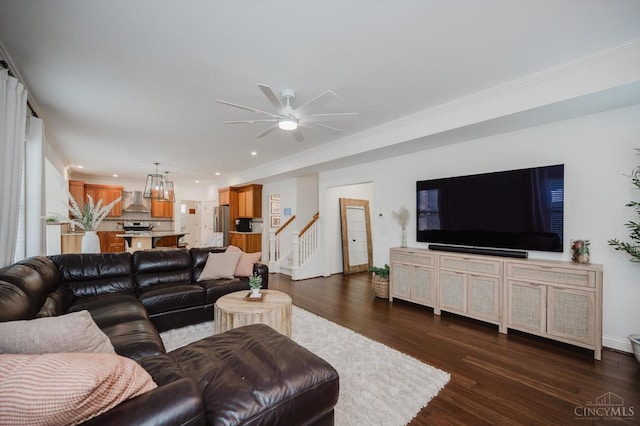 1171 Craig Ct, Hamilton Twp, OH 45039 - living area featuring dark wood-style floors, stairway, a ceiling fan, recessed lighting, and baseboards