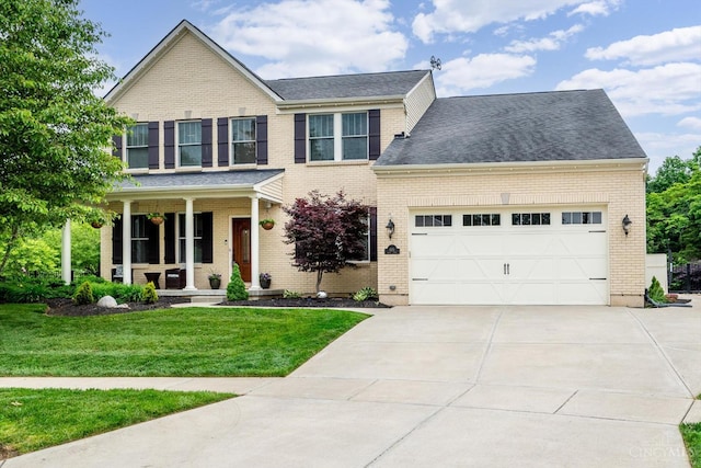 1171 Craig Ct, Hamilton Twp, OH 45039 - view of front facade featuring concrete driveway, a garage, a front yard, covered porch, and brick siding