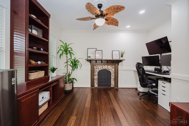 1171 Craig Ct, Hamilton Twp, OH 45039 - office space featuring a tile fireplace, dark wood-style floors, ceiling fan, baseboards, and crown molding