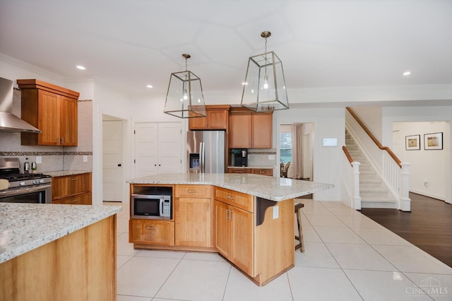 1171 Craig Ct, Hamilton Twp, OH 45039 - kitchen with appliances with stainless steel finishes, wall chimney range hood, backsplash, crown molding, and light stone counters