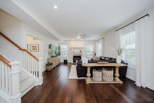 1171 Craig Ct, Hamilton Twp, OH 45039 - living room featuring ceiling fan, dark wood-style flooring, stairs, baseboards, and recessed lighting