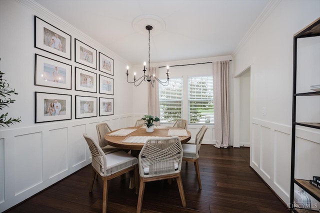 1171 Craig Ct, Hamilton Twp, OH 45039 - dining space featuring a chandelier, crown molding, a decorative wall, dark wood finished floors, and wainscoting