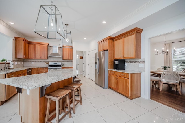 1171 Craig Ct, Hamilton Twp, OH 45039 - kitchen featuring stainless steel appliances, wall chimney exhaust hood, a sink, a chandelier, and decorative backsplash