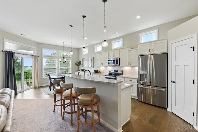 1387 Lake Run Dr, Turtle Creek Twp, OH 45036 - kitchen with stainless steel appliances, an island with sink, plenty of natural light, tasteful backsplash, and recessed lighting