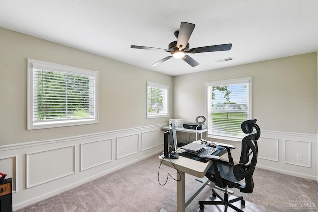 1387 Lake Run Dr, Turtle Creek Twp, OH 45036 - office area featuring carpet flooring, ceiling fan, a decorative wall, and a wainscoted wall