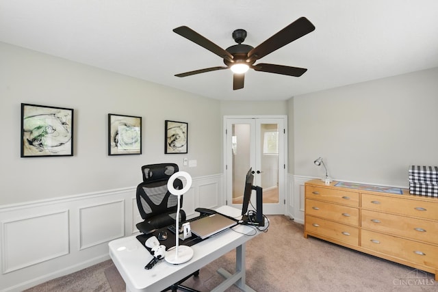 1387 Lake Run Dr, Turtle Creek Twp, OH 45036 - office space featuring ceiling fan, french doors, light carpet, a wainscoted wall, and a decorative wall