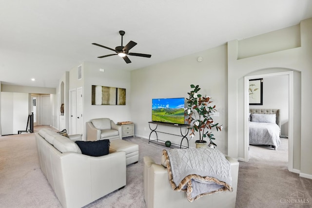 1387 Lake Run Dr, Turtle Creek Twp, OH 45036 - living room with light colored carpet, a ceiling fan, baseboards, and recessed lighting