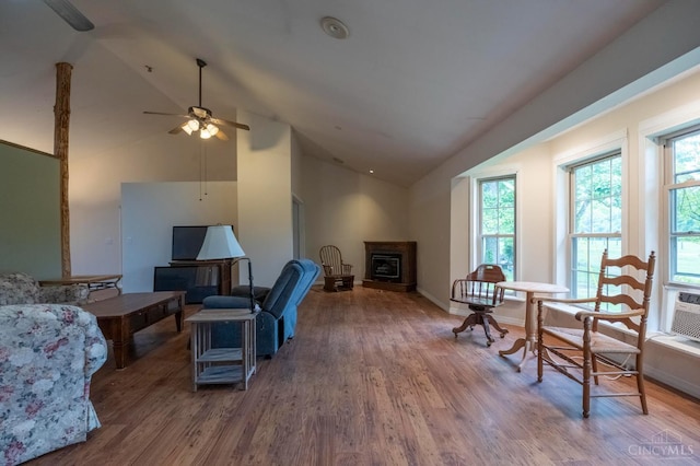 1182 Hook Morgan Rd, Concord Twp, OH 45679 - living area with healthy amount of natural light, a ceiling fan, wood finished floors, and high vaulted ceiling