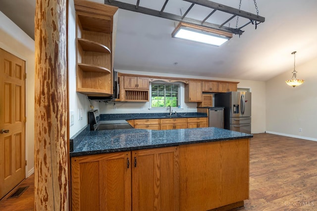 1182 Hook Morgan Rd, Concord Twp, OH 45679 - kitchen with range with electric cooktop, open shelves, stainless steel fridge with ice dispenser, a peninsula, and lofted ceiling