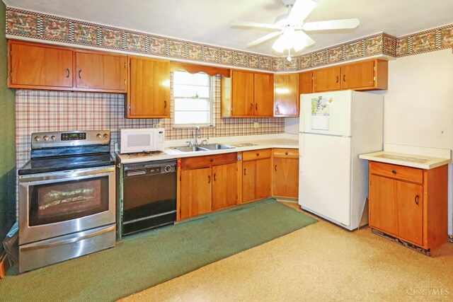 738 Clough Pike, Union Twp, OH 45245 - kitchen featuring white appliances, a sink, a ceiling fan, brown cabinetry, and light countertops