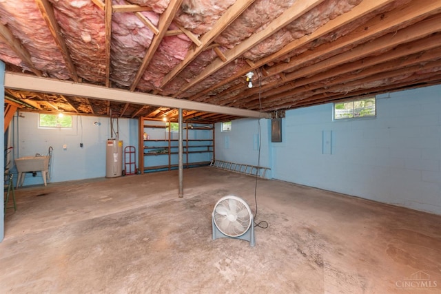 9488 Daugherty Marks Rd, Clark Twp, OH 45130 - unfinished below grade area featuring electric water heater, electric panel, concrete block wall, and a sink