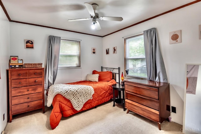 5411 Lester Rd, Cincinnati, OH 45213 - bedroom with multiple windows, light colored carpet, crown molding, and ceiling fan