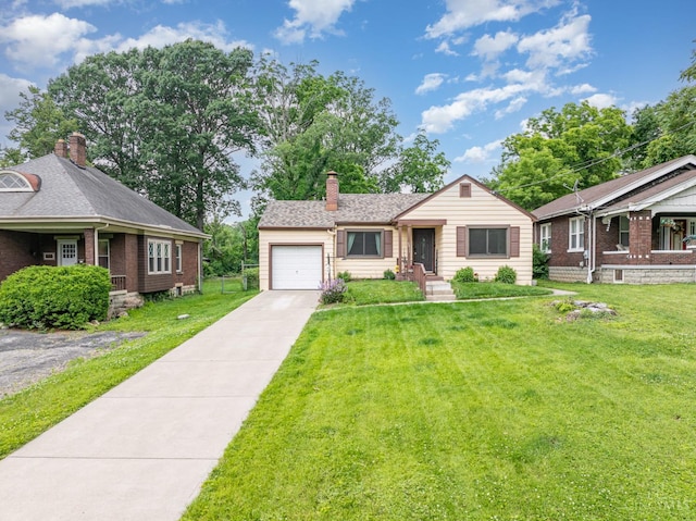 5411 Lester Rd, Cincinnati, OH 45213 - view of front of property featuring a garage, a front yard, a chimney, and concrete driveway