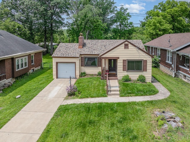 5411 Lester Rd, Cincinnati, OH 45213 - view of front of home featuring a chimney, a garage, concrete driveway, and a front yard