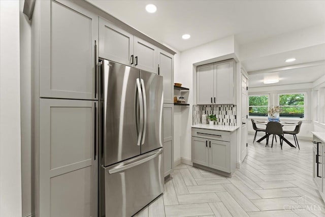 3970 Abington Ave, Cincinnati, OH 45229 - kitchen featuring freestanding refrigerator, open shelves, recessed lighting, light countertops, and gray cabinets