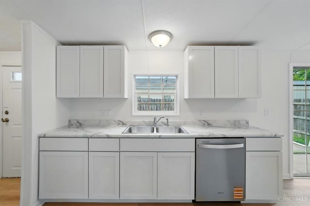 665 Diamond Loop, Middletown, OH 45044 - kitchen featuring dishwasher, a sink, white cabinetry, and light stone countertops