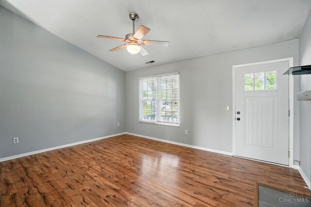 3914 Brookville Dr, Batavia Twp, OH 45102 - foyer entrance featuring vaulted ceiling, wood finished floors, a ceiling fan, and baseboards