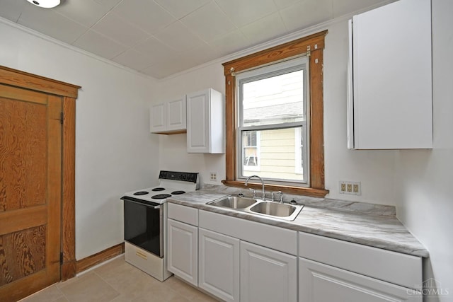 1917 Webman Ct, Cincinnati, OH 45223 - kitchen with white range with electric stovetop, a sink, crown molding, white cabinets, and light countertops