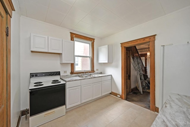 1917 Webman Ct, Cincinnati, OH 45223 - kitchen with white appliances, a sink, white cabinets, light countertops, and ornamental molding