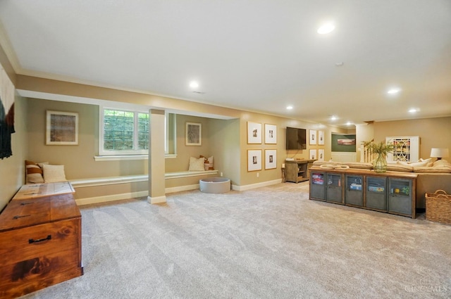 7757 Misty Meadows Ct, Harlan Twp, OH 45152 - living area featuring carpet, recessed lighting, baseboards, and ornamental molding