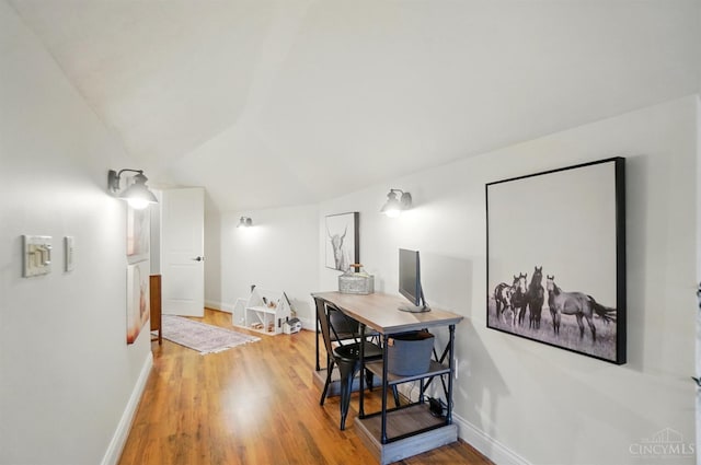 7757 Misty Meadows Ct, Harlan Twp, OH 45152 - office featuring wood finished floors, baseboards, and lofted ceiling