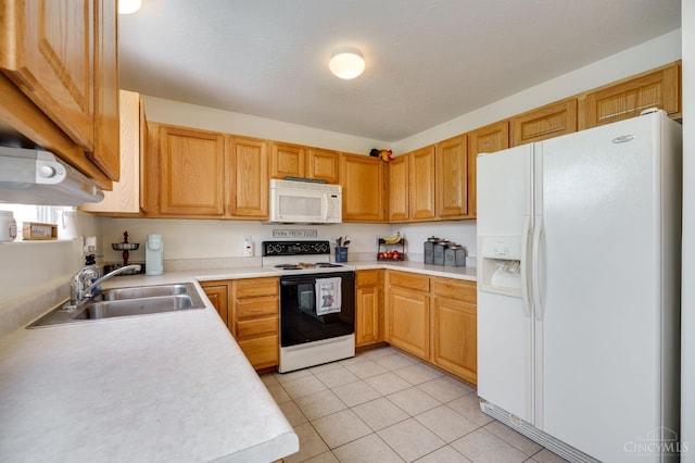 1240 Carriage Hill Ln, Hamilton, OH 45013 - kitchen with white appliances, a sink, light countertops, and light tile patterned flooring