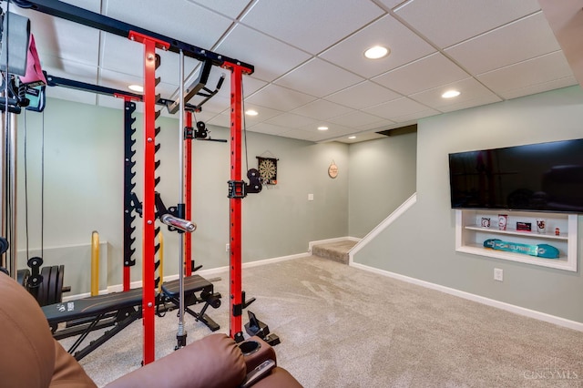 1240 Carriage Hill Ln, Hamilton, OH 45013 - workout room with carpet flooring, recessed lighting, baseboards, and a drop ceiling