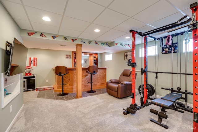 1240 Carriage Hill Ln, Hamilton, OH 45013 - exercise area with a bar, baseboards, recessed lighting, a drop ceiling, and carpet flooring