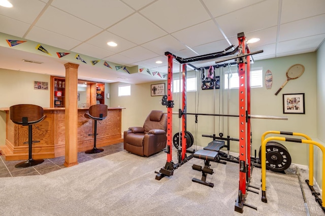 1240 Carriage Hill Ln, Hamilton, OH 45013 - workout room featuring a dry bar, a drop ceiling, recessed lighting, and baseboards