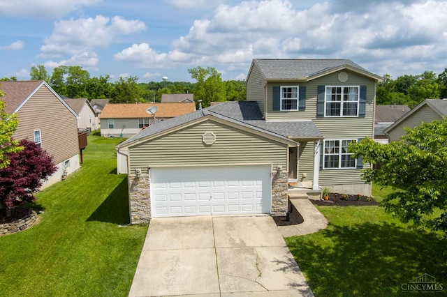 1240 Carriage Hill Ln, Hamilton, OH 45013 - traditional-style home featuring an attached garage, concrete driveway, a shingled roof, a front lawn, and stone siding