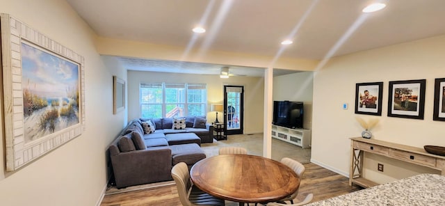 7638 Lake Pointe, Hamilton Twp, OH 45039 - living room featuring a ceiling fan, baseboards, wood finished floors, and recessed lighting