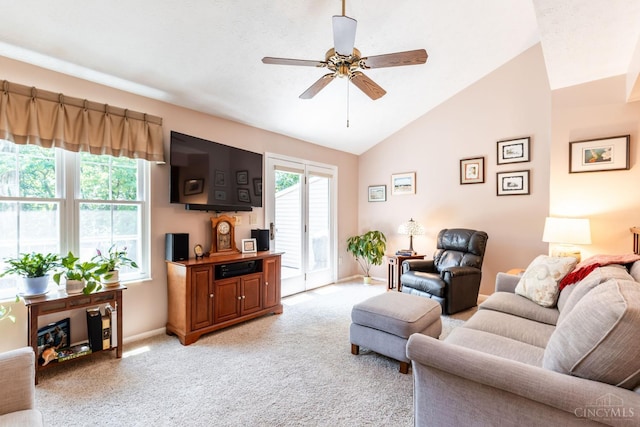 1627 Braintree Dr, Anderson Twp, OH 45255 - living room with light carpet, lofted ceiling, baseboards, and a ceiling fan